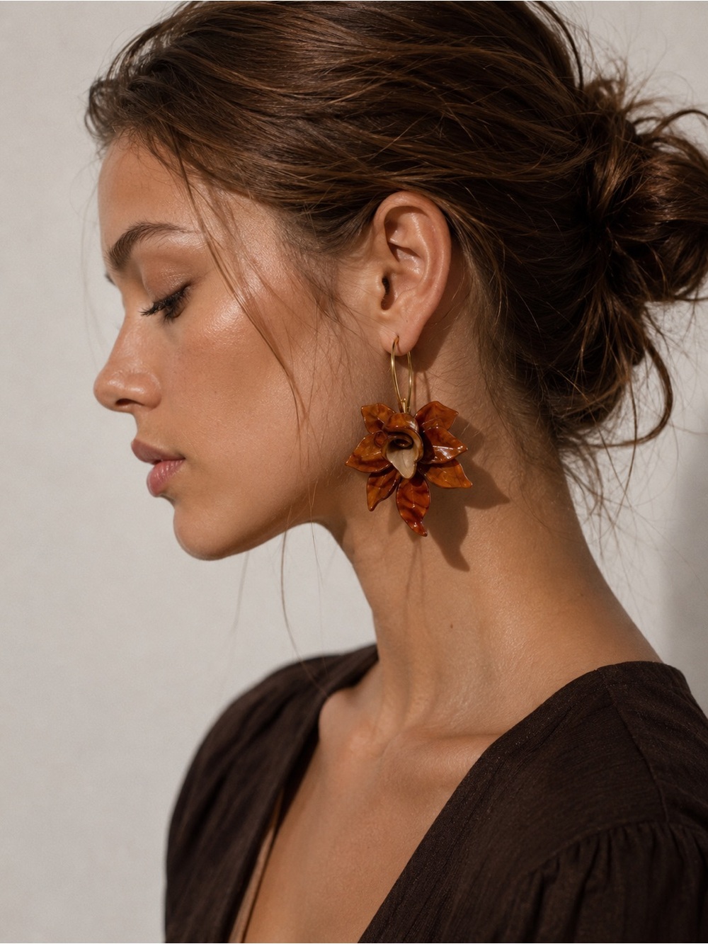 Zara Tortoise Shell Resin Flower Hoop Earrings Statement Floral Dangle Boho NWOT